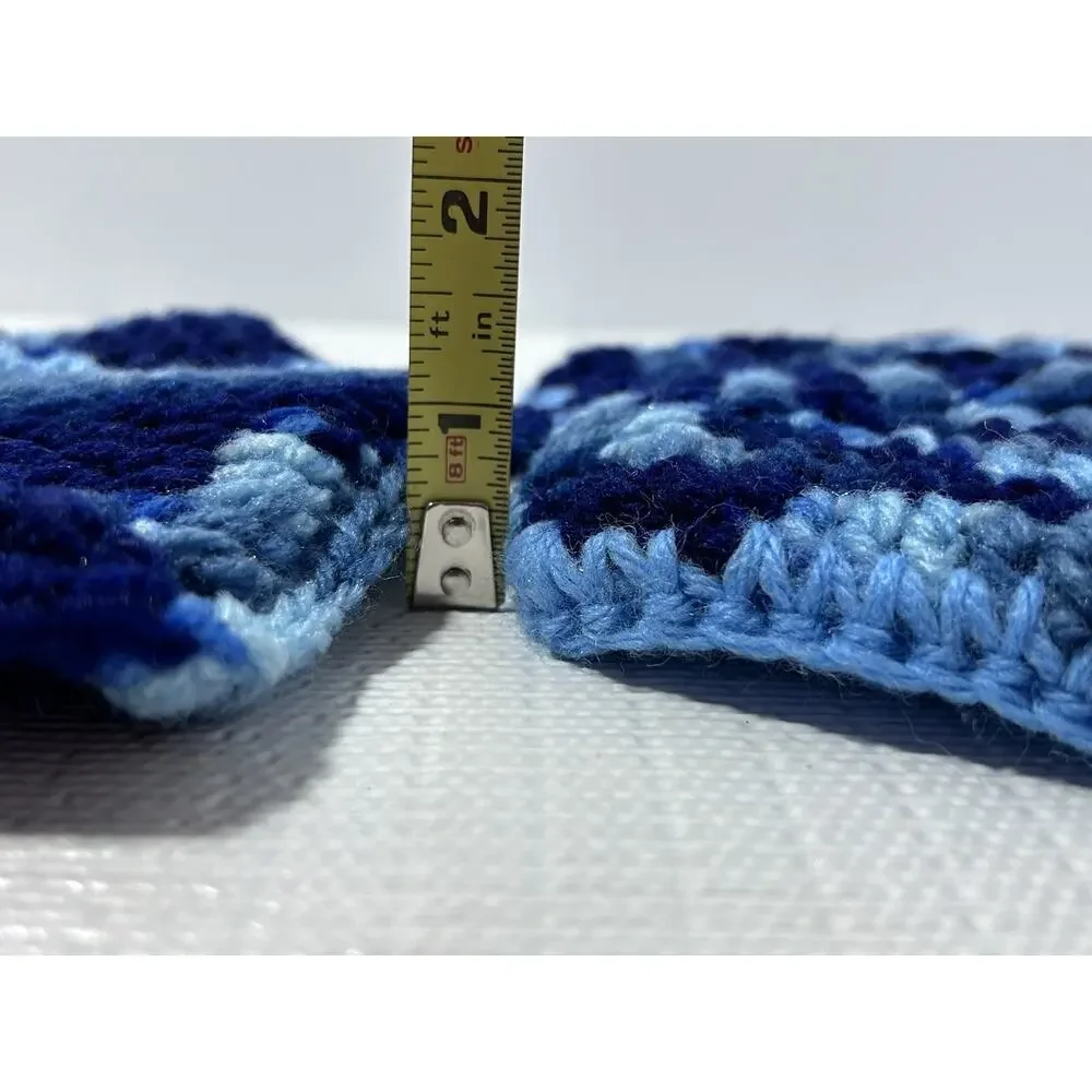 Hand Crocheted Double Thick Hot Pad Pot Holder Pair blue shades‎ VTG Granny Core